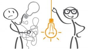Stick men holding lightbuld wires, one tangled, one hanging 